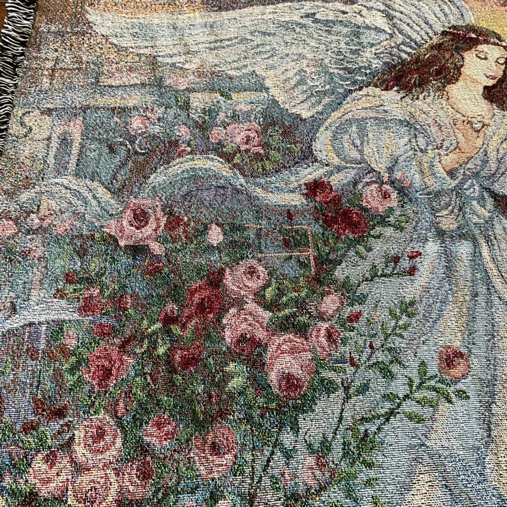 Lena Liu Woven Tapestry Throw Blanket Angel Garden Roses Fringed USA Cottagecore